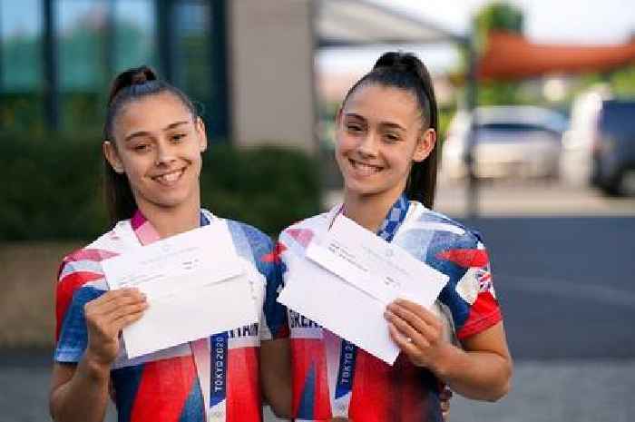 Olympic medal winning twins Jessica and Jennifer Gadirova jump for joy at GCSE results