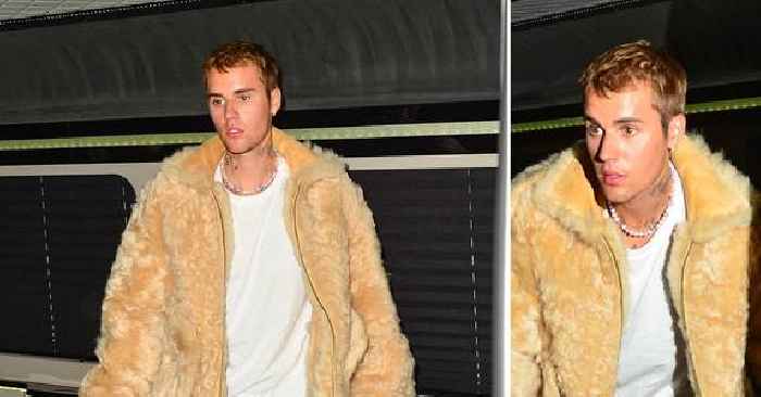 Furry Fashion! Justin Bieber Rocks Huge Fur Coat At The Nice Guy In West Hollywood For Kid Laroi's 18th Birthday — Get The Look