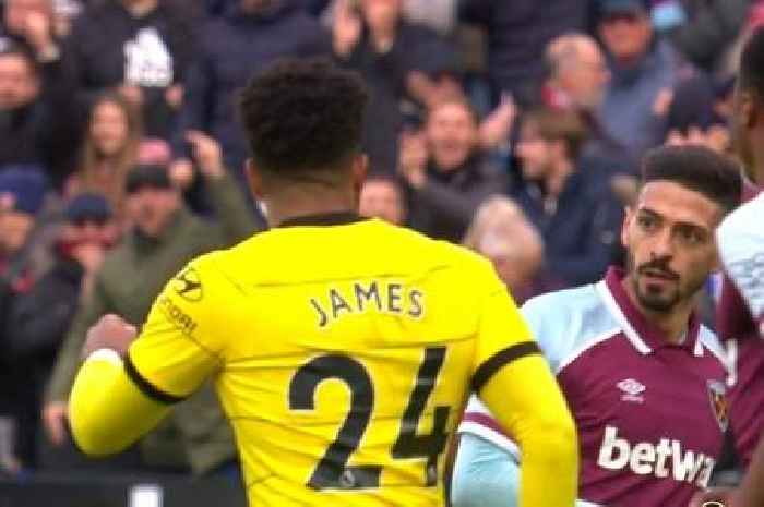 West Ham's Manuel Lanzini furiously confronts Reece James for actions before penalty kick