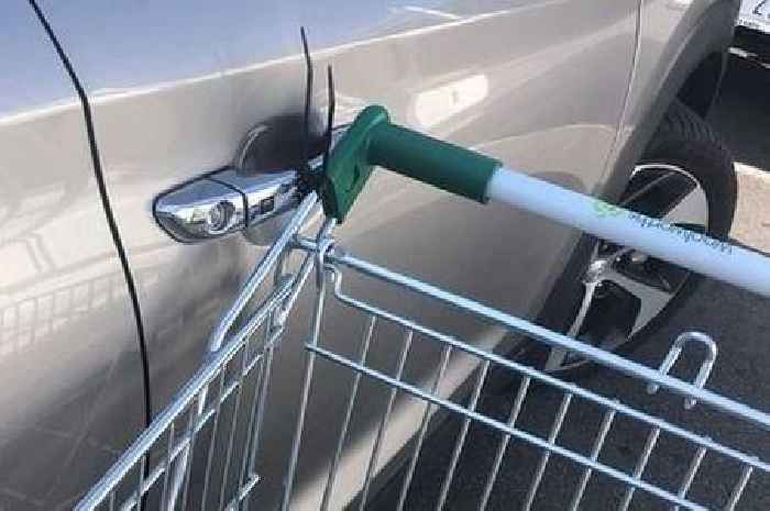 Woman furious after returning to car to find shopping trolley cable-tied to door