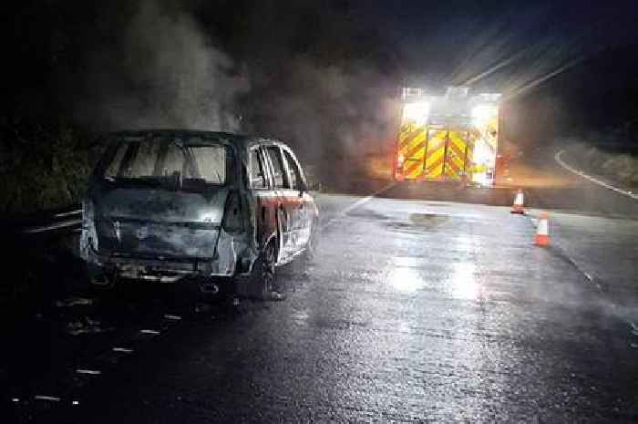 Car fire on the A465 leaves just a smoking, burnt-out wreck