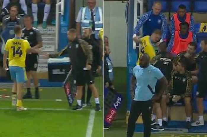 Footballer loses it after being subbed and throws huge strop as coach drags him back