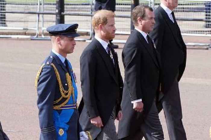 William and Harry side by side as they walk behind Queen's coffin to lying in state