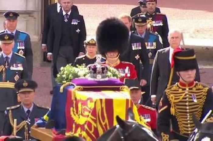 King Charles, Prince William and Harry lead Queen's coffin from Buckingham Palace