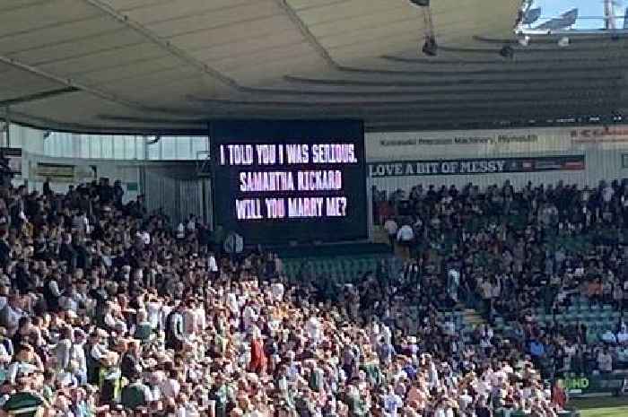 Footie fan proposes to girlfriend on big screen at match with 16,000 onlookers - and she said yes