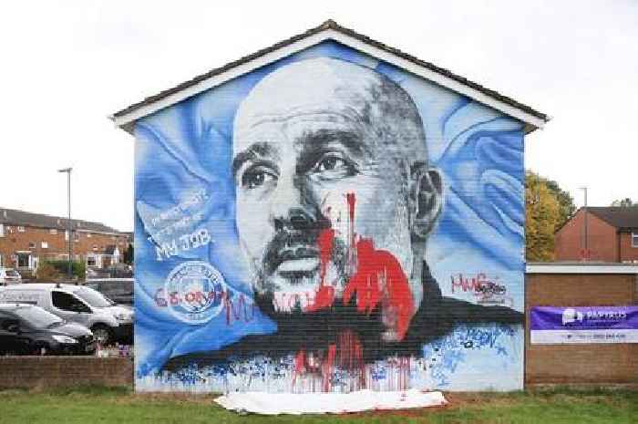 Pep Guardiola mural defaced for second time in a week as Man Utd red splashed over art