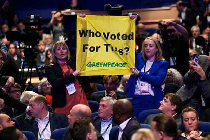 Liz Truss conference speech heckled by Greenpeace protesters asking 'who voted for this?'