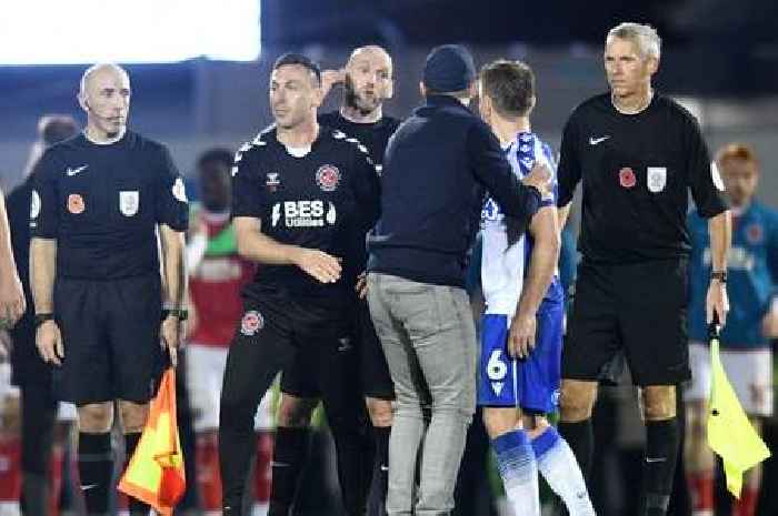 Bristol Rovers coach reacts with confusion to Joey Barton's red card after late Fleetwood drama