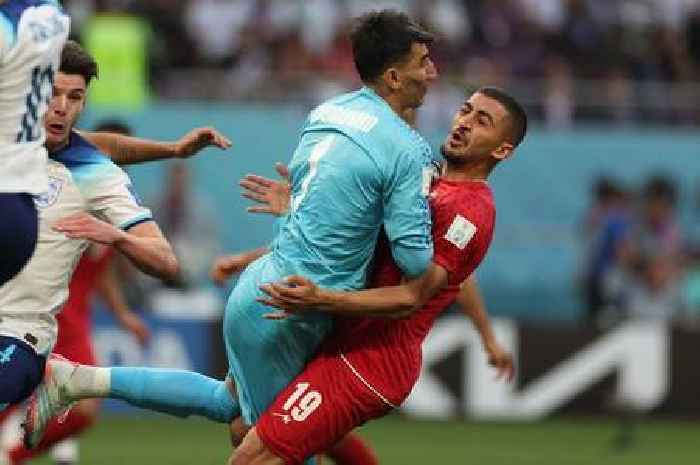 Iran goalkeeper left bloodied mess after sickening head clash during England game