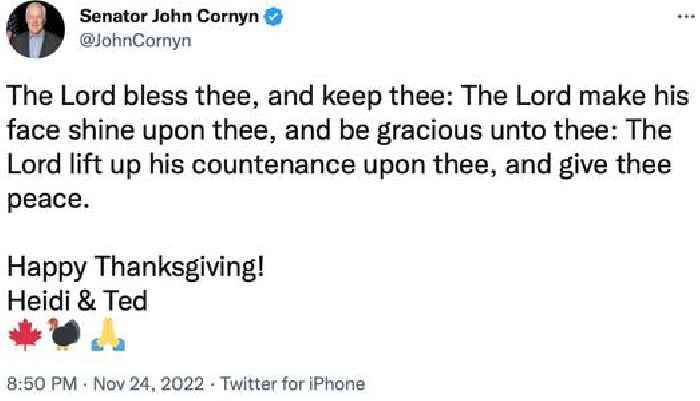 Whoops: John Cornyn Offers Warm Thanksgiving Day Wishes From ‘Heidi & Ted’