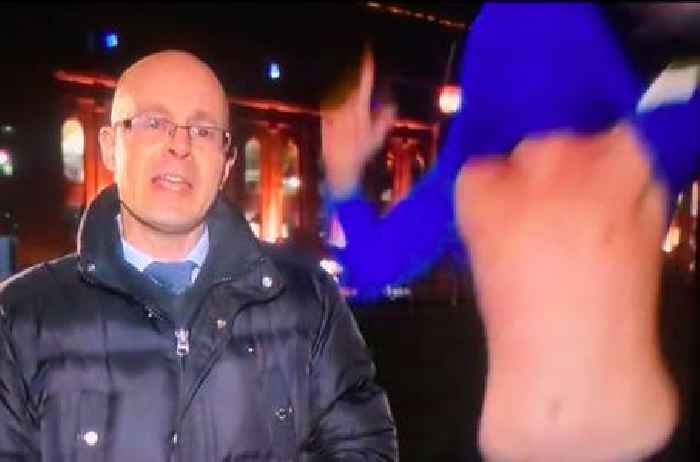 Topless Rangers fan gatecrashes live BBC interview with wild Michael Beale appointment chant