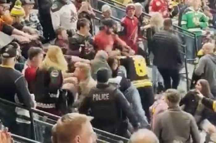 Ice hockey fans trade punches in huge scrap in stands as police dive over brawlers