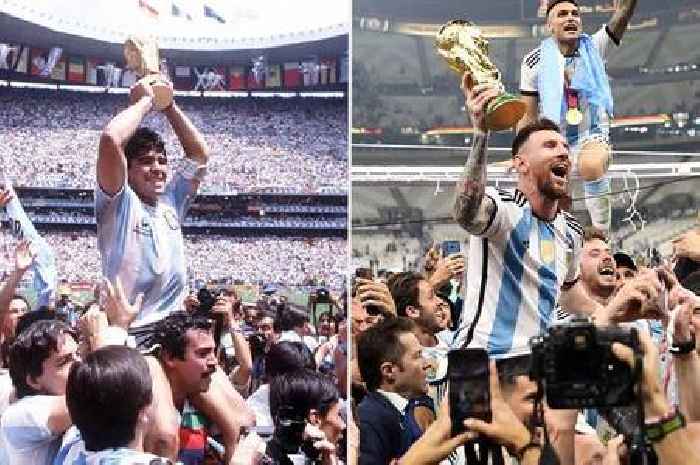 Lionel Messi hoisted above crowds and carried and recreates Diego Maradona's iconic photo