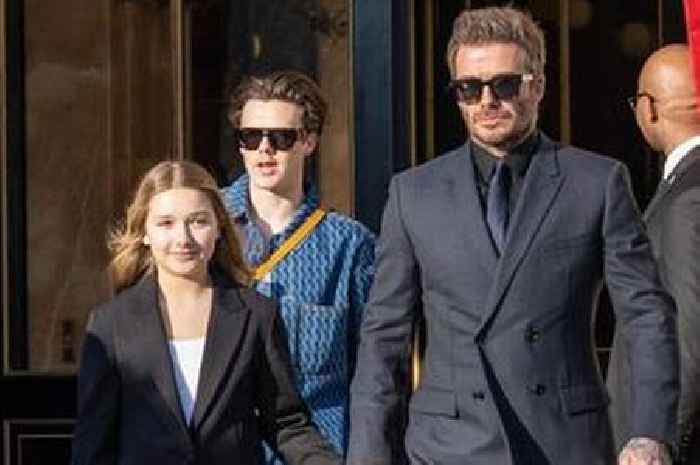 David Beckham holds hands with Harper as family support Victoria at fashion show