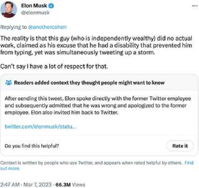 Elon Musk Apologizes to Laid Off Twitter Employee After Accusing Him of Faking a Disability for Money