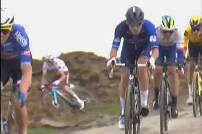 Cyclist crashes into 'mountain of manure' as commentator left in stitches