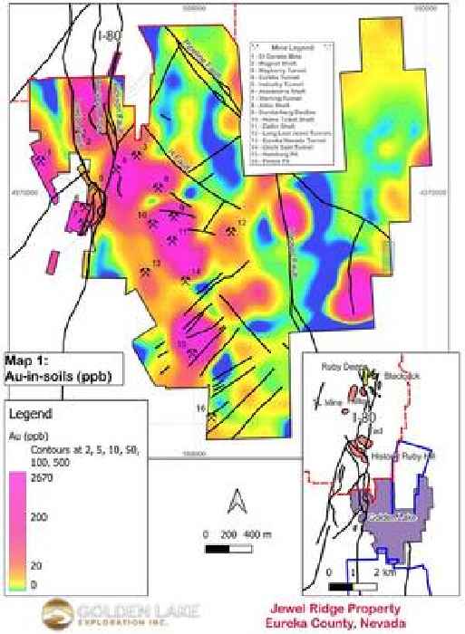 Golden Lake Obtains Encouraging Results From Soil Sampling on Its Jewel Ridge Gold-Silver-Lead-Zinc CRD Property, Eureka County, Nevada