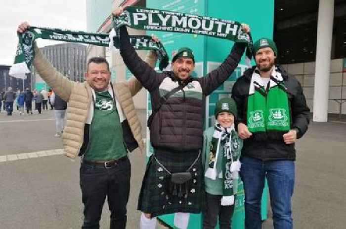 Euphoric Plymouth Argyle fans arrive at Wembley Stadium for Papa Johns Trophy final