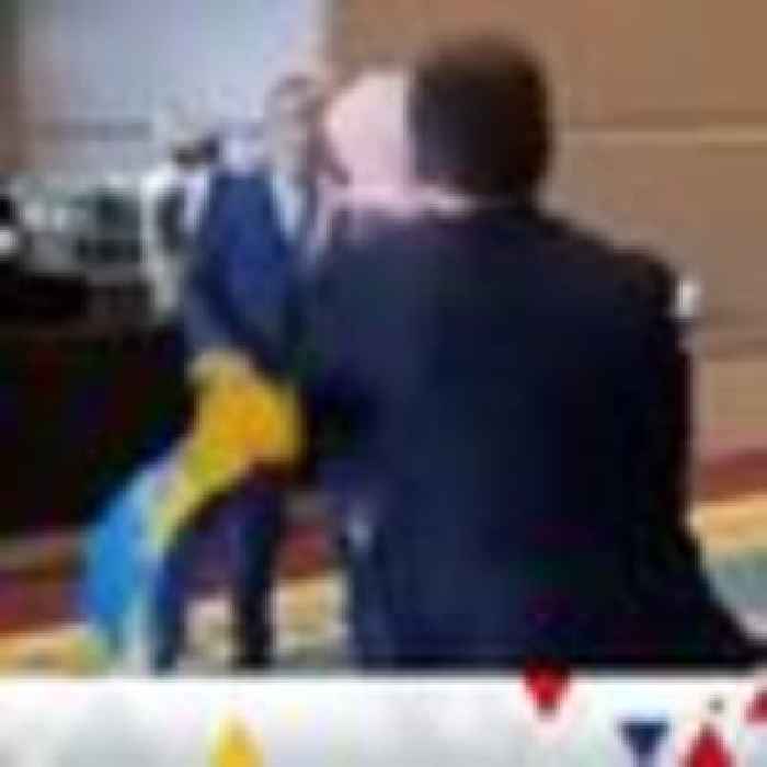 Scuffle breaks out at summit in Turkey after Russian delegate takes down Ukrainian flag