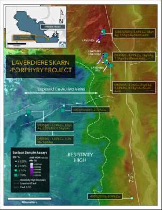 Core Assets Samples 4.3% Cu, 31g/t Ag, 0.63% Mo, and 0.13 g/t Au at Surface & Summarizes 2022 Exploration Work at the Laverdiere Skarn-Porphyry Project
