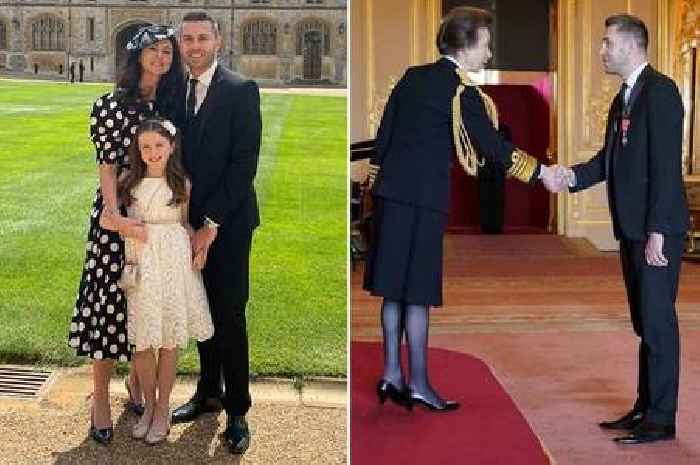Mark Selby poses with wife Vikki as he receives MBE from snooker fan Princess Anne