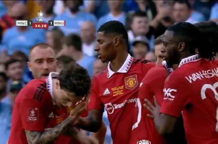 Man Utd's Victor Lindelof hit by object from Man City fans after Bruno Fernandes' penalty