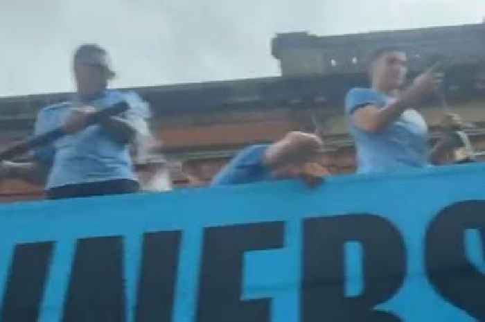 Man City star forced to duck as Ederson almost 'takes head off' in Treble celebrations