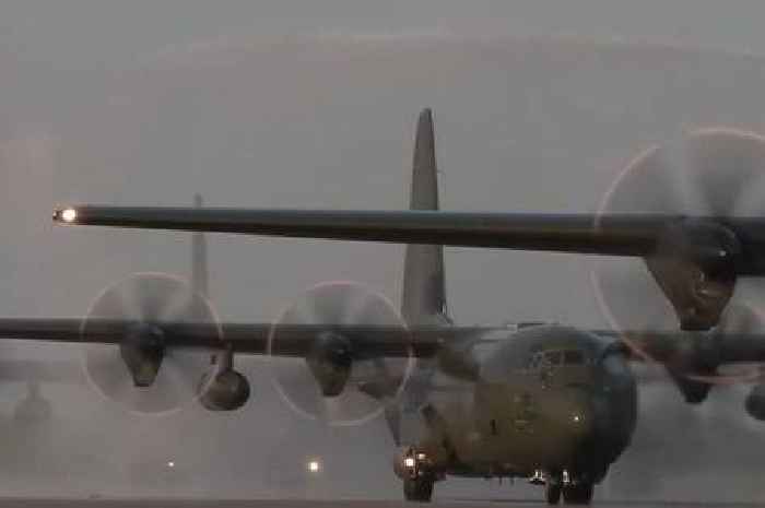 Huge water jets welcome RAF Hercules on return to RAF Brize Norton after UK victory lap