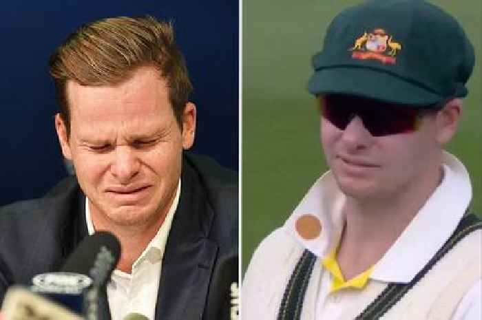 Steve Smith reacts as England fans taunt him with chants of 'we saw you cry on the telly'