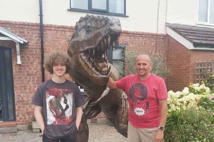 Dad buys £5,000 7ft-tall T-Rex statue for dino-mad son's 21st birthday - that roars at neighbours