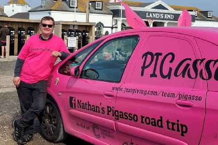 Farmer turns beat up car into a 'pig' for Land's End trip for very special reason