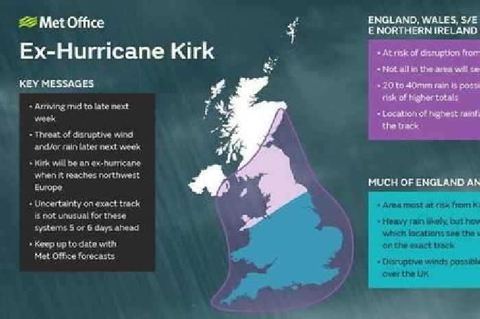 Met Office map shows areas 'at risk' of Hurricane Kirk disruption as heavy wind and rain hit in hours