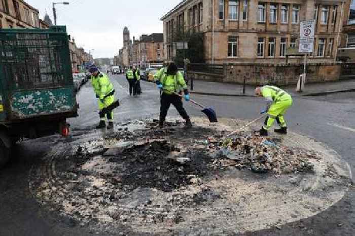 Shocking aftermath of Bonfire Night carnage after thugs lit giant bonfire on Glasgow street