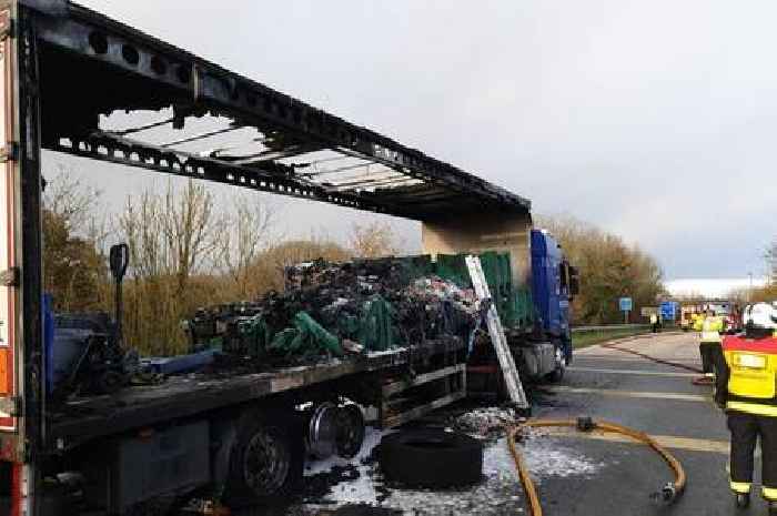 M5 slip road shut for some time after lorry containing batteries bursts into flames