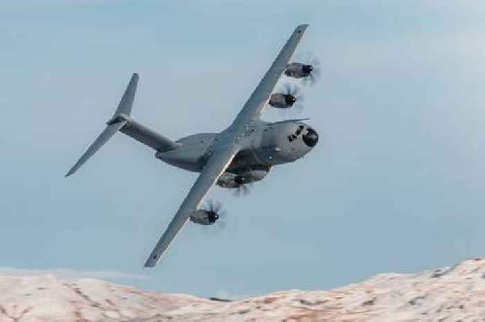 RAF Hawk and A400M stun against snowy Mach Loop in Wales before return to RAF Brize Norton