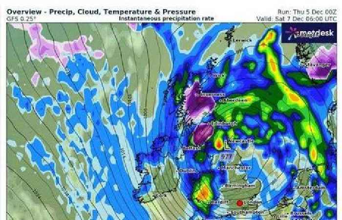 Weather maps shows UK split in two as fierce snow bomb about to hit amid Storm Darragh chaos