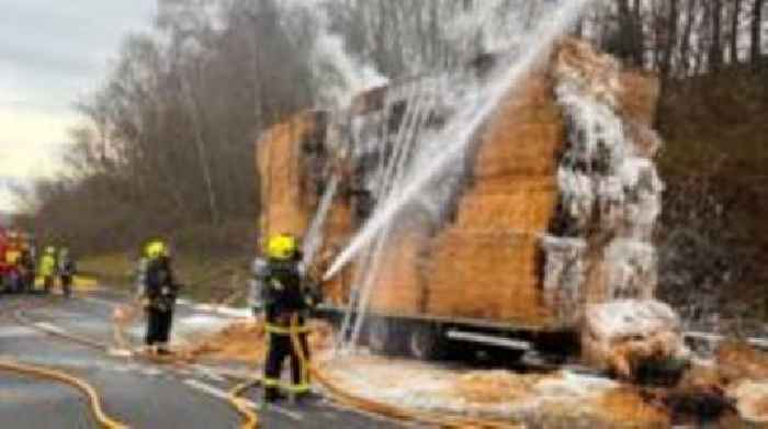 M5 in Devon partially closed by burning hay lorry