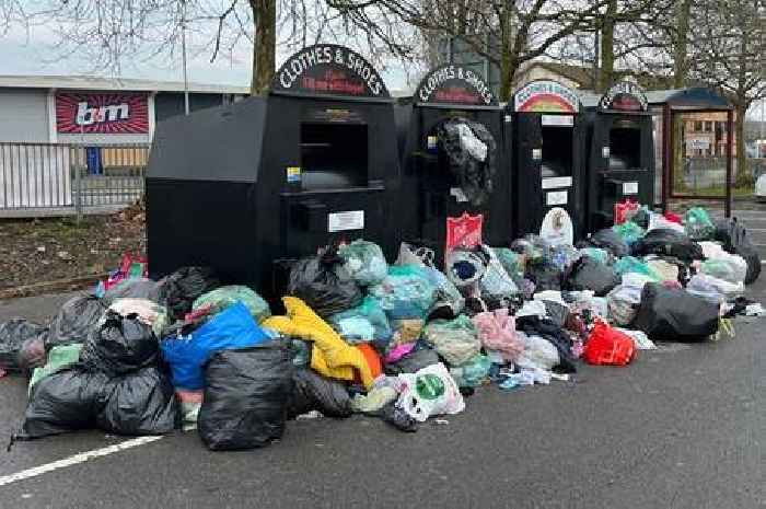 The huge mess left outside Tesco Extra clothes banks