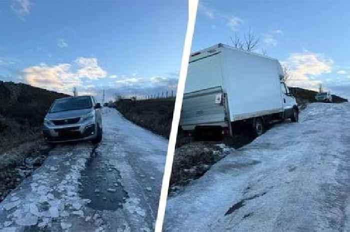 Terrifying moment drivers forced to abandon cars after skidding down icy hill