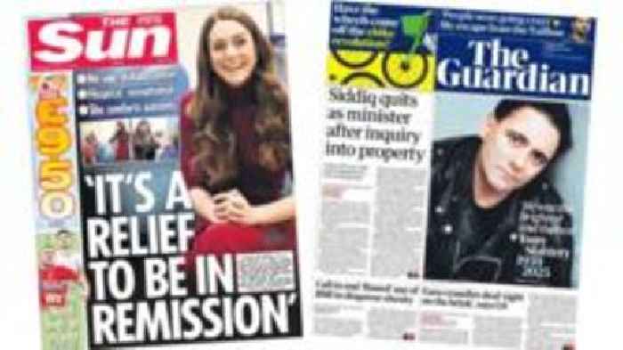 The Papers:  Kate's 'relief to be in remission' and 'Siddiq quits'