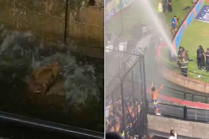 Watch scorching Boca Juniors fans blasted by firefighters amid DOG RESCUE in ex-Man United star's mad debut