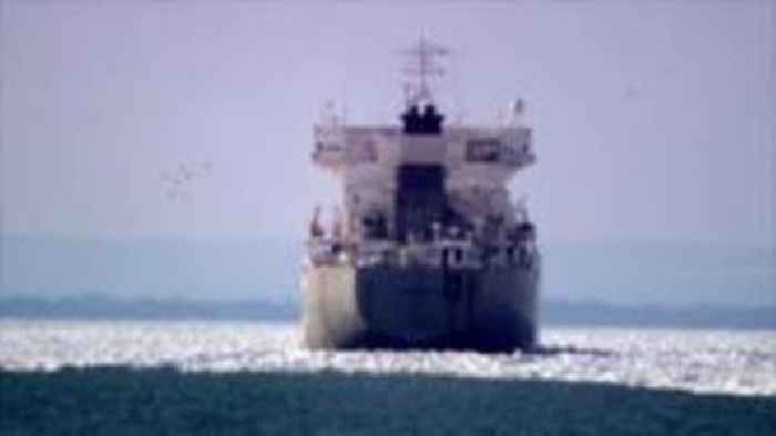 Drone footage shows Canadian cargo ship trapped in ice