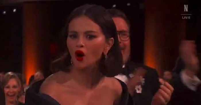 Selena Gomez Looks Embarrassed After Childhood Clip of Her in 'Barney' Airs at 2025 SAG Awards