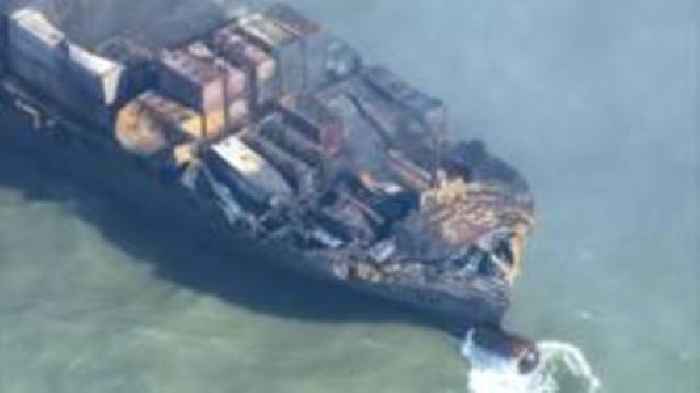 Watch: Charred cargo ship and oil tanker seen from above