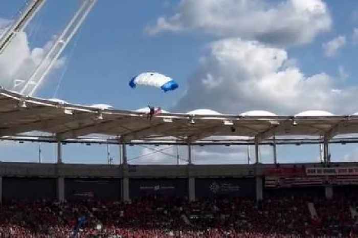 New footage shows moment parachutist crashes into stadium as fans left shocked