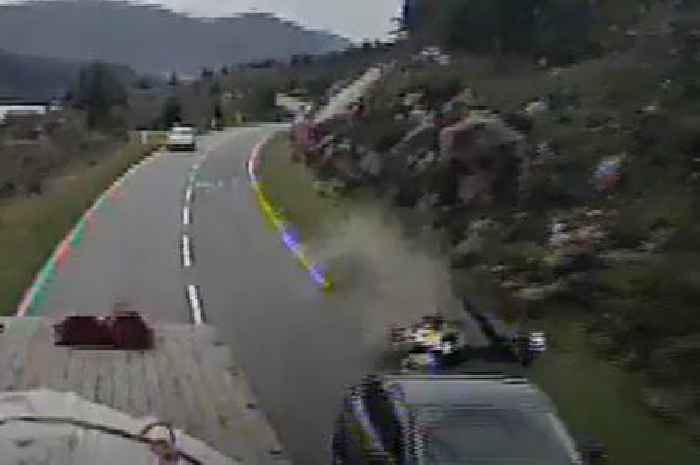 Moment BMW biker rammed off road by car before suffering life-changing condition