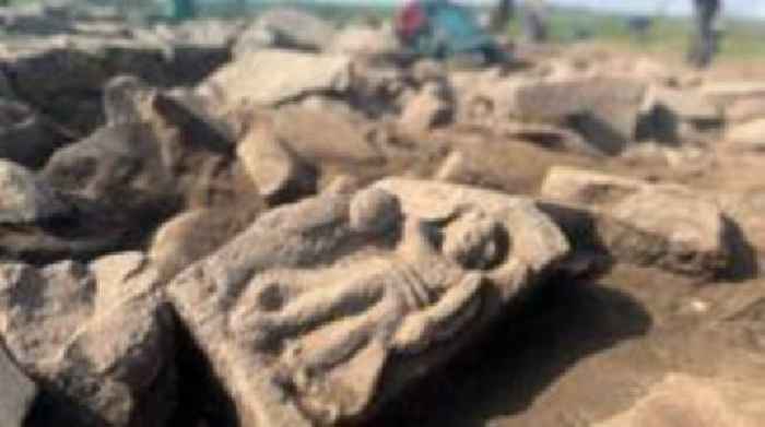 Victory goddess sandstone carving found in rubble