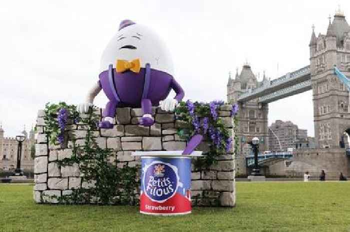Giant Humpty Dumpty sculpture appears on wall in central London after 'great fall'