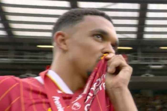 Trent Alexander-Arnold kisses the Liverpool badge during final Reds appearance