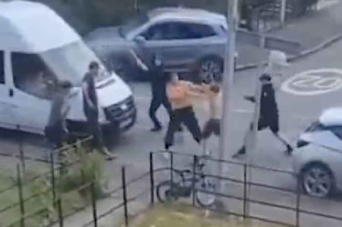 Brutal fight erupts as machete thugs hack each other before Mini Cooper mows man down